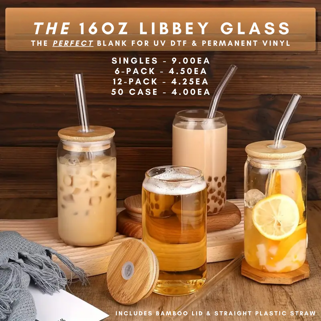 16oz VINYL ONLY Libbey Glass with Bamboo Lid and Plastic Straw